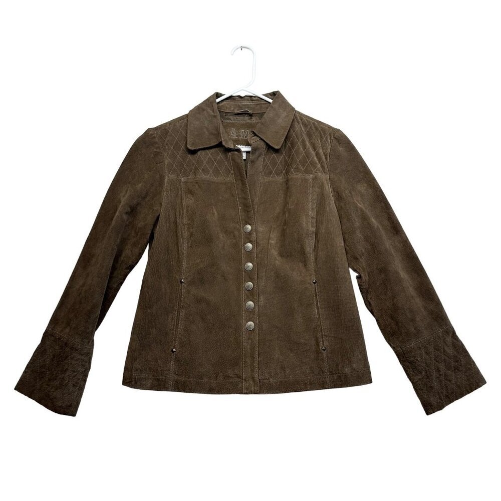 AMI Womens Suede Leather Jacket Y2K Size M Petite Brown Western Boho Washable